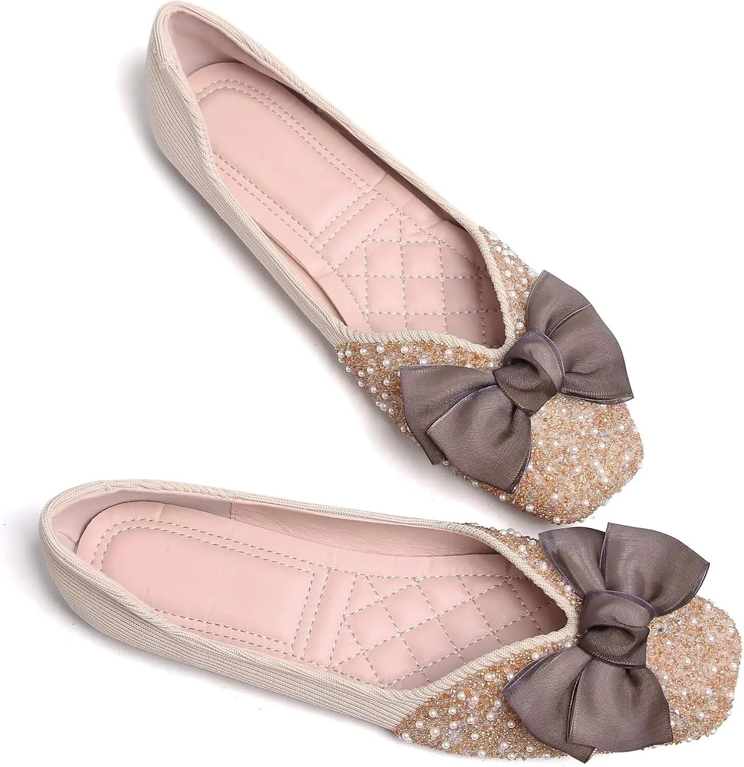 SAILING LU Square Toe Flats Shoes Rhinestoned Bowknots Ballet Flats for Women Studded Dress Shoes Comfort Light Weight Loafers
