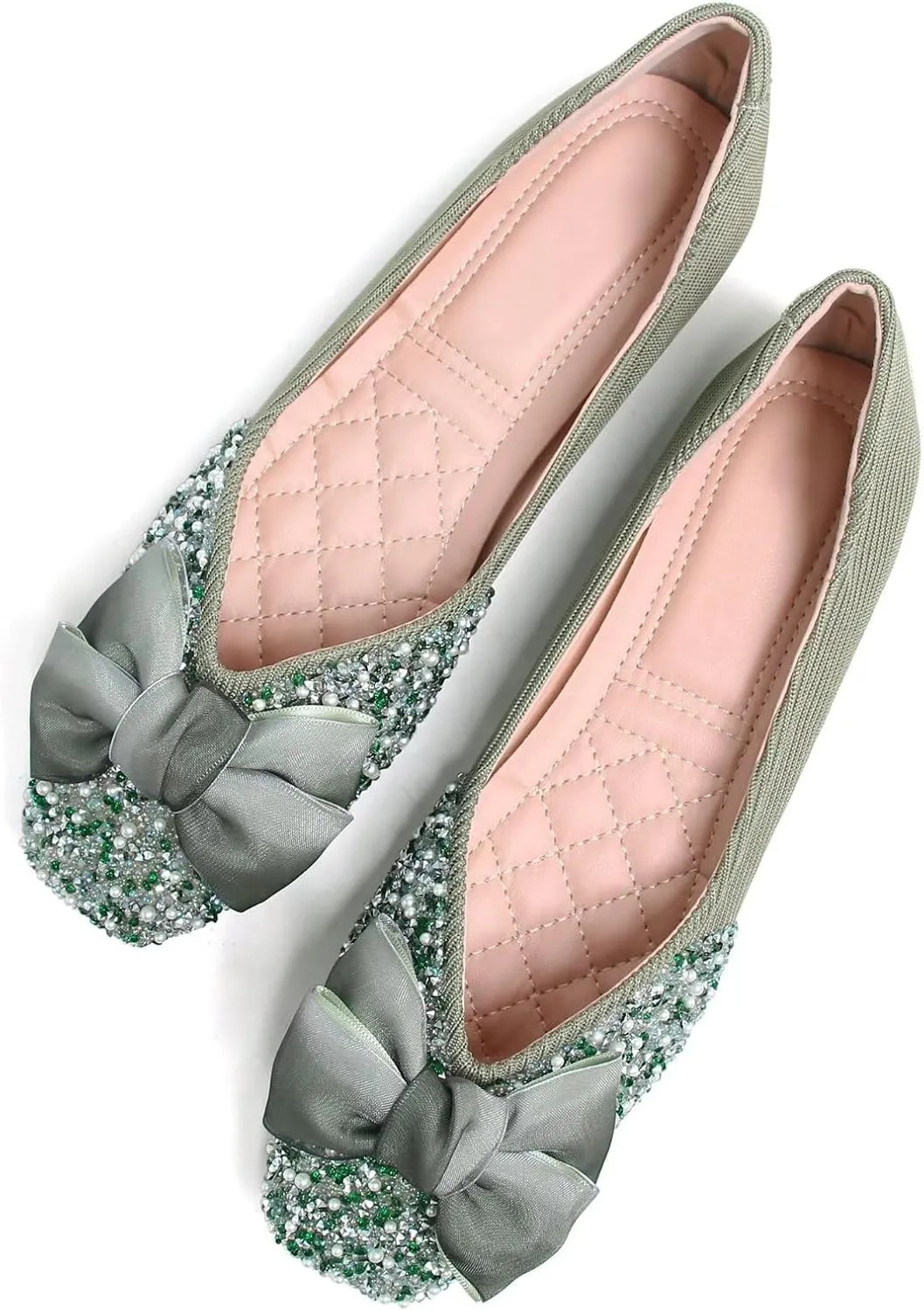 SAILING LU Square Toe Flats Shoes Rhinestoned Bowknots Ballet Flats for Women Studded Dress Shoes Comfort Light Weight Loafers
