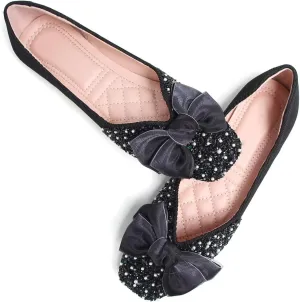 SAILING LU Square Toe Flats Shoes Rhinestoned Bowknots Ballet Flats for Women Studded Dress Shoes Comfort Light Weight Loafers