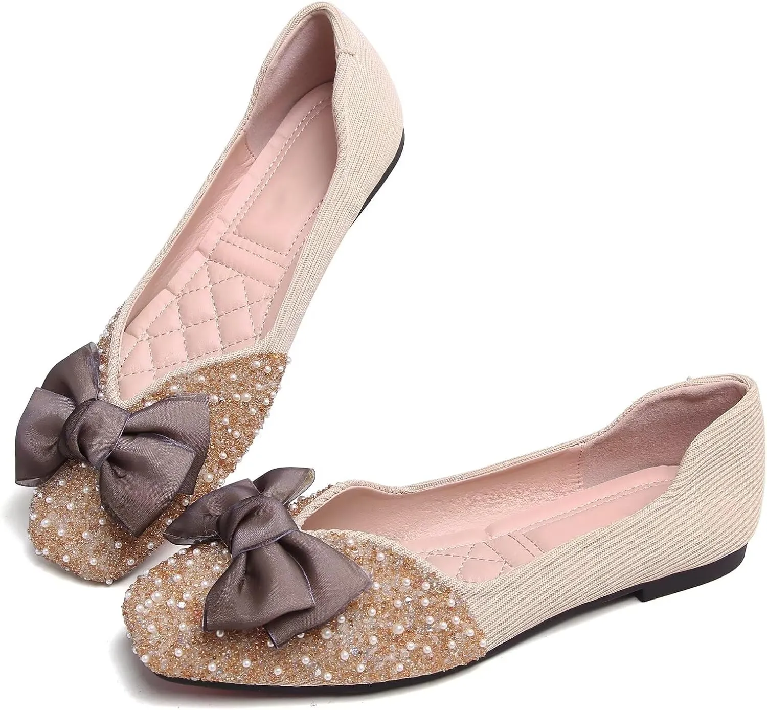 SAILING LU Square Toe Flats Shoes Rhinestoned Bowknots Ballet Flats for Women Studded Dress Shoes Comfort Light Weight Loafers