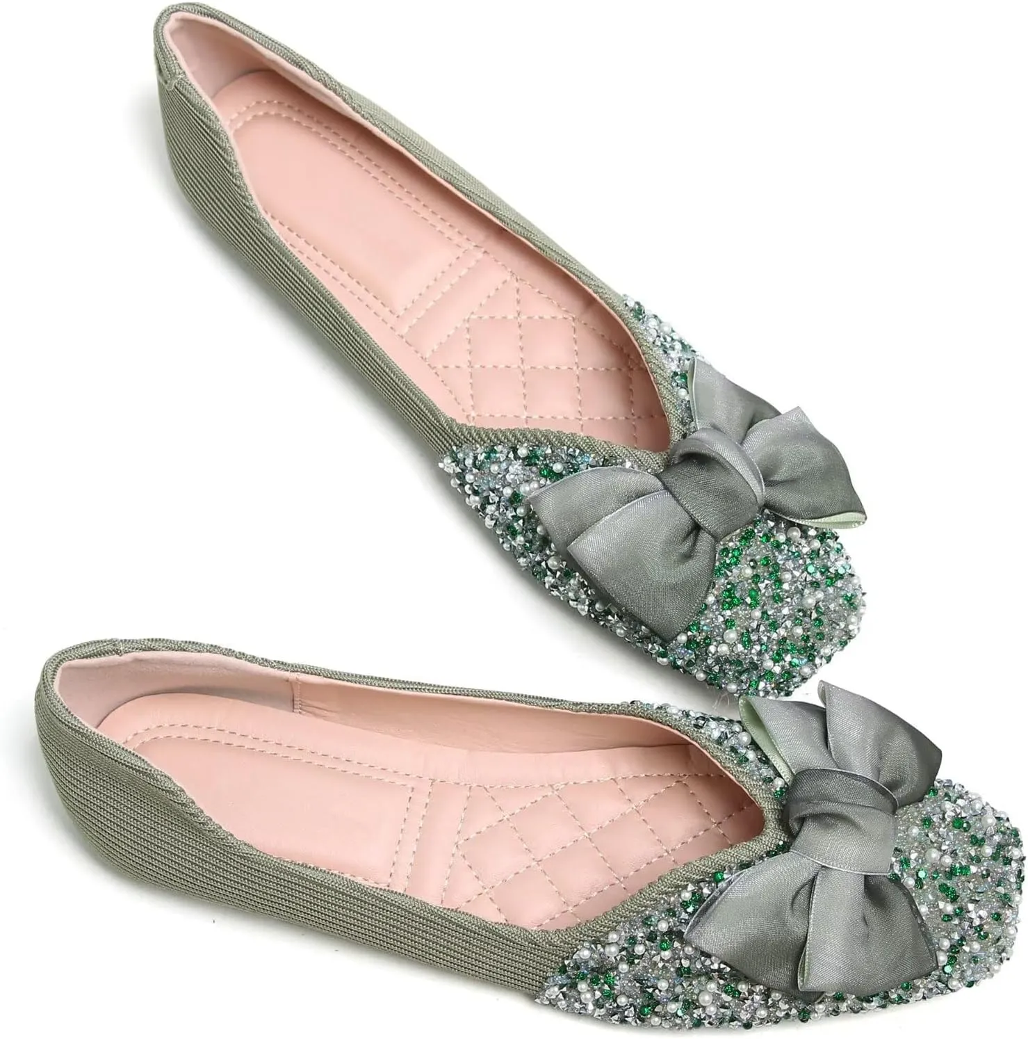 SAILING LU Square Toe Flats Shoes Rhinestoned Bowknots Ballet Flats for Women Studded Dress Shoes Comfort Light Weight Loafers