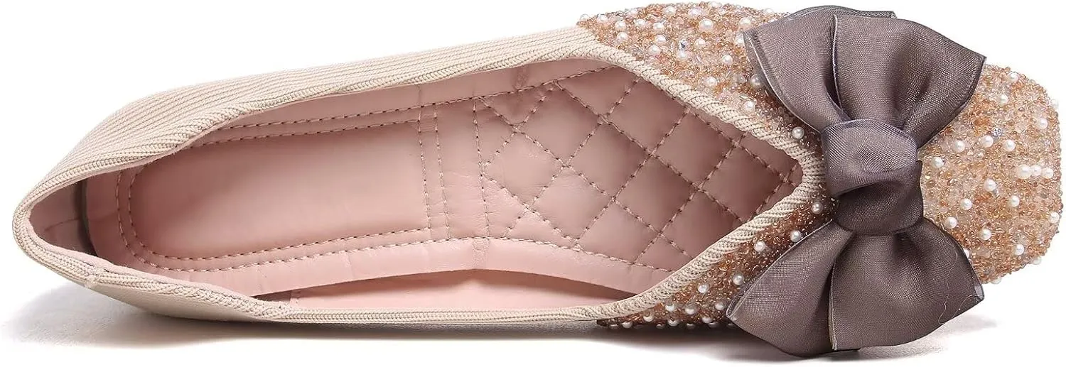 SAILING LU Square Toe Flats Shoes Rhinestoned Bowknots Ballet Flats for Women Studded Dress Shoes Comfort Light Weight Loafers