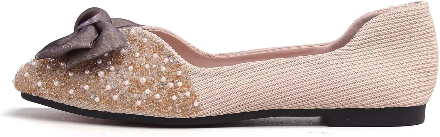 SAILING LU Square Toe Flats Shoes Rhinestoned Bowknots Ballet Flats for Women Studded Dress Shoes Comfort Light Weight Loafers