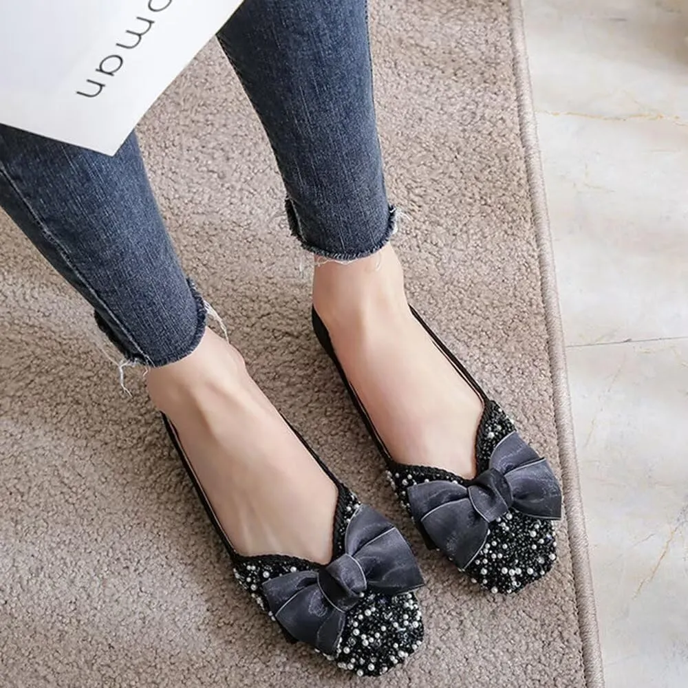 SAILING LU Square Toe Flats Shoes Rhinestoned Bowknots Ballet Flats for Women Studded Dress Shoes Comfort Light Weight Loafers