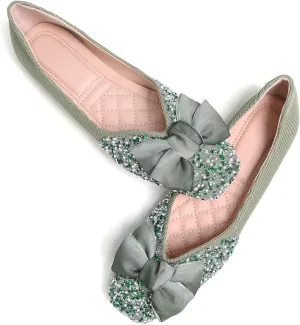 SAILING LU Square Toe Flats Shoes Rhinestoned Bowknots Ballet Flats for Women Studded Dress Shoes Comfort Light Weight Loafers