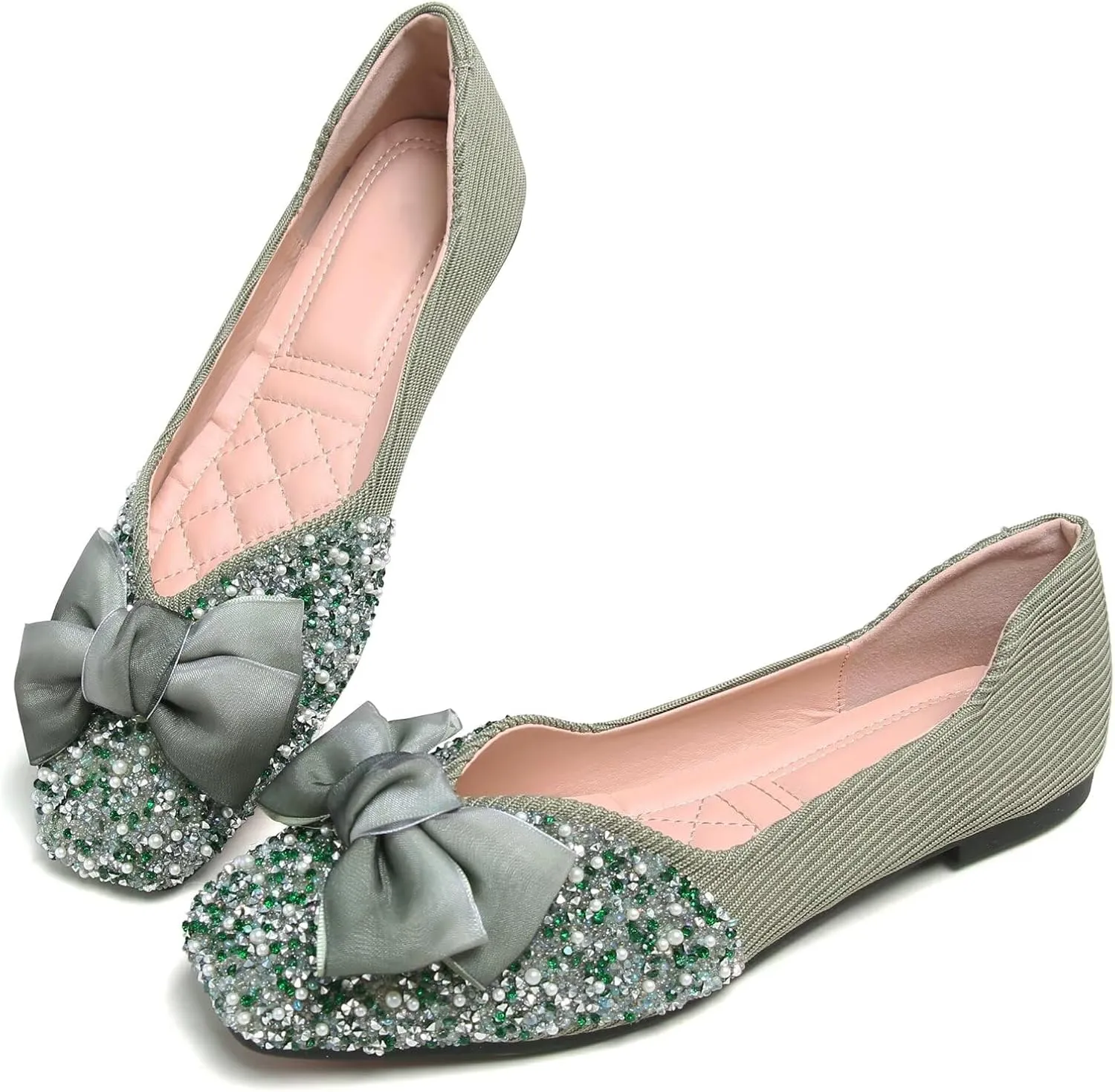 SAILING LU Square Toe Flats Shoes Rhinestoned Bowknots Ballet Flats for Women Studded Dress Shoes Comfort Light Weight Loafers