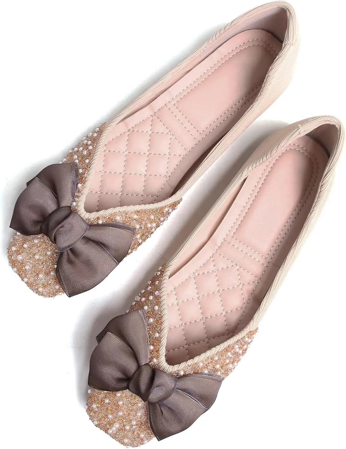 SAILING LU Square Toe Flats Shoes Rhinestoned Bowknots Ballet Flats for Women Studded Dress Shoes Comfort Light Weight Loafers