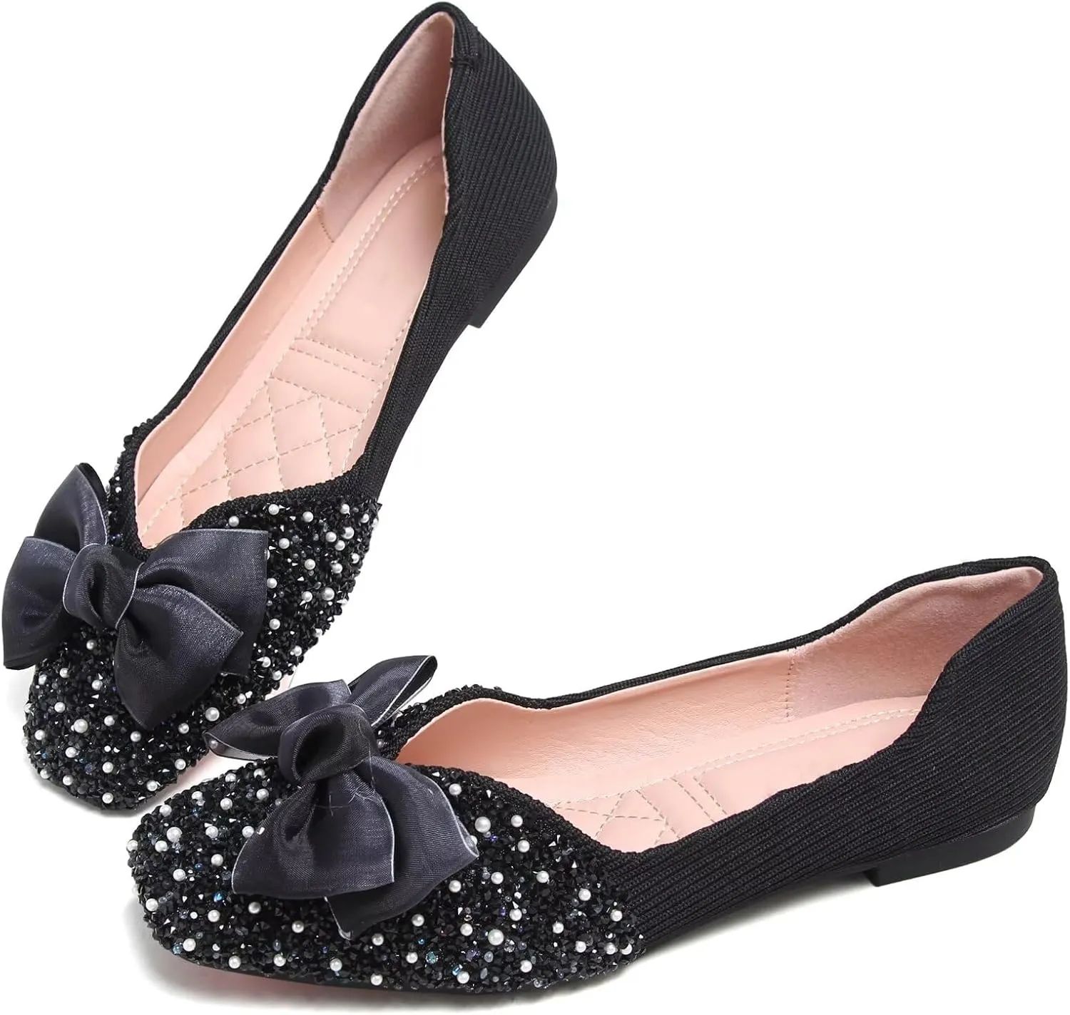 SAILING LU Square Toe Flats Shoes Rhinestoned Bowknots Ballet Flats for Women Studded Dress Shoes Comfort Light Weight Loafers