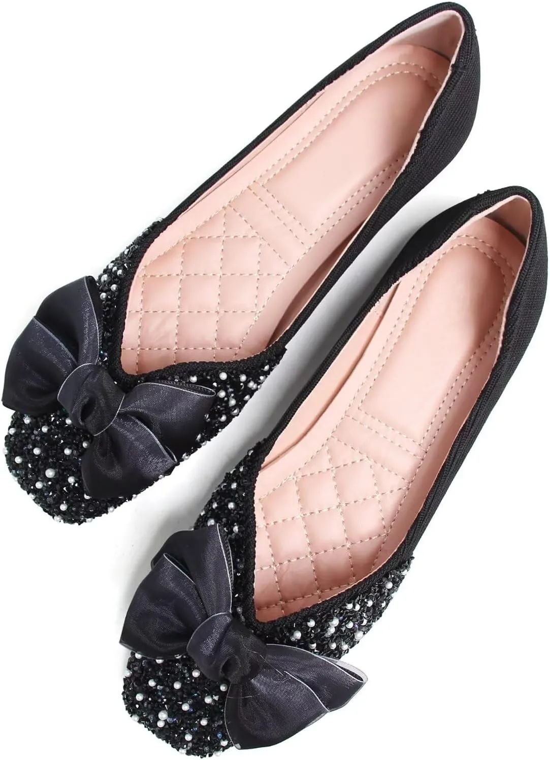 SAILING LU Square Toe Flats Shoes Rhinestoned Bowknots Ballet Flats for Women Studded Dress Shoes Comfort Light Weight Loafers