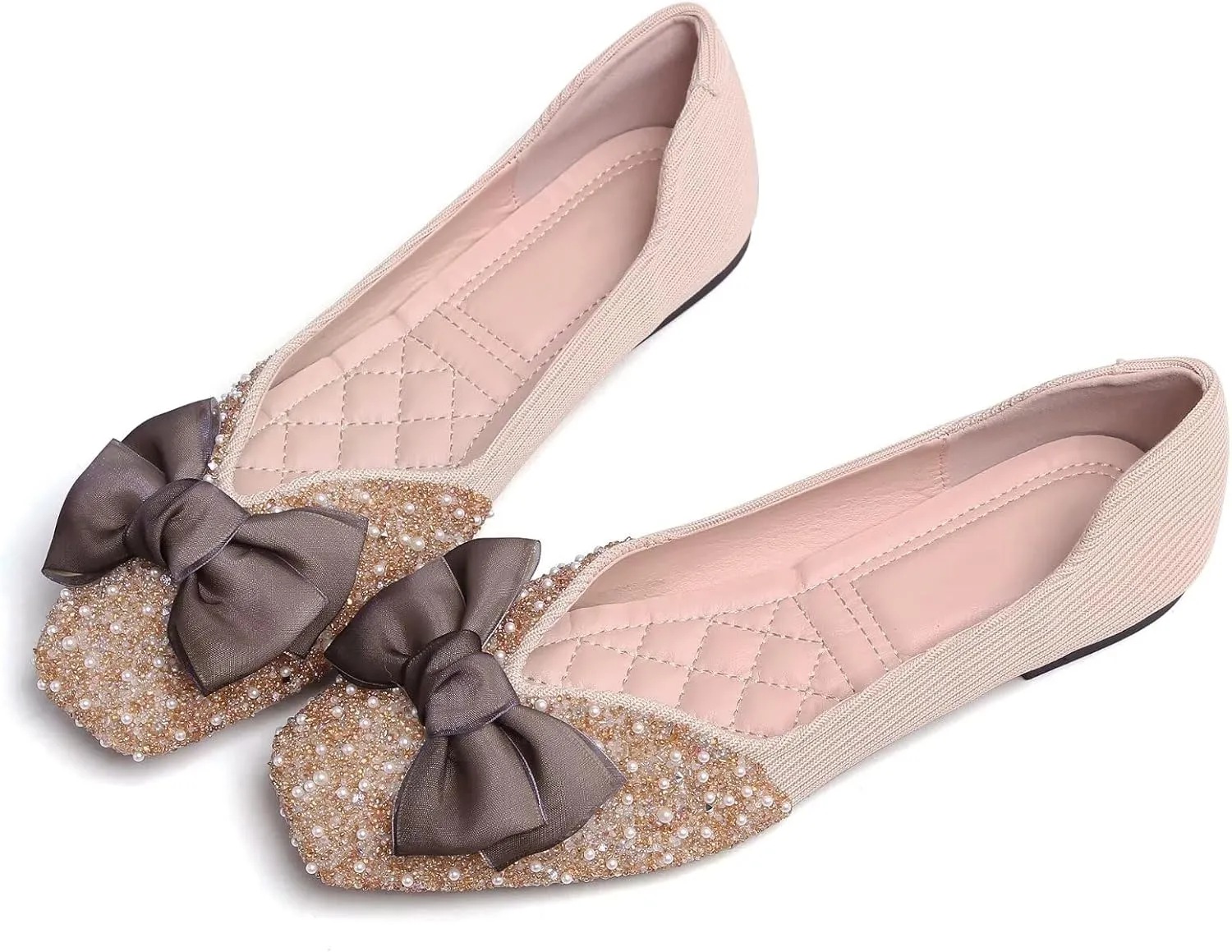 SAILING LU Square Toe Flats Shoes Rhinestoned Bowknots Ballet Flats for Women Studded Dress Shoes Comfort Light Weight Loafers