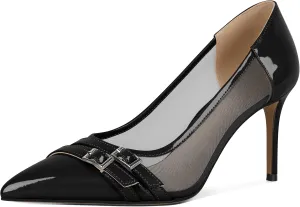 SAMMITOP High Heels Pumps for Women Closed Pointed Toe Slip On Stilettos Buckle Patent Mesh Dress Pump Shoes for Party Office 3.5 Inch