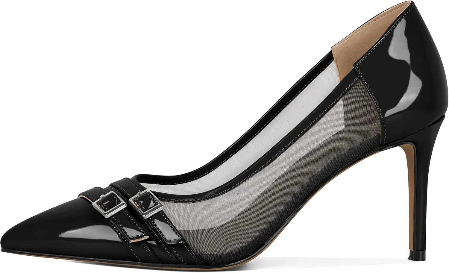 SAMMITOP High Heels Pumps for Women Closed Pointed Toe Slip On Stilettos Buckle Patent Mesh Dress Pump Shoes for Party Office 3.5 Inch