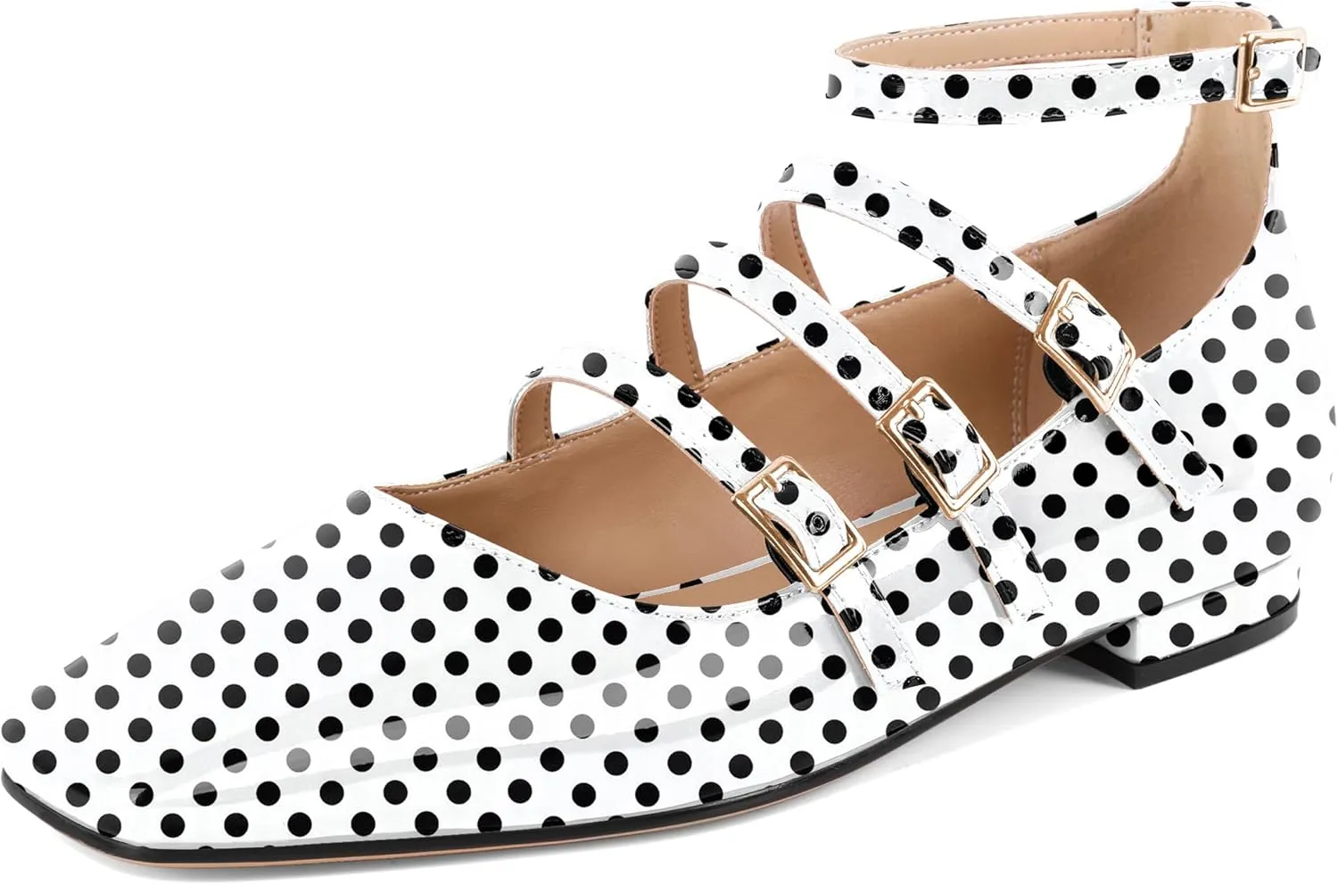 SAMMITOP Mary Jane Shoes Women Ballet Flats Low Block Heel Square Toe Flats Ankle Strap Pumps Wedding Dressy