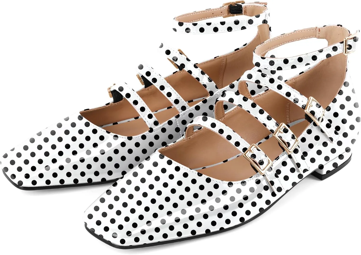 SAMMITOP Mary Jane Shoes Women Ballet Flats Low Block Heel Square Toe Flats Ankle Strap Pumps Wedding Dressy
