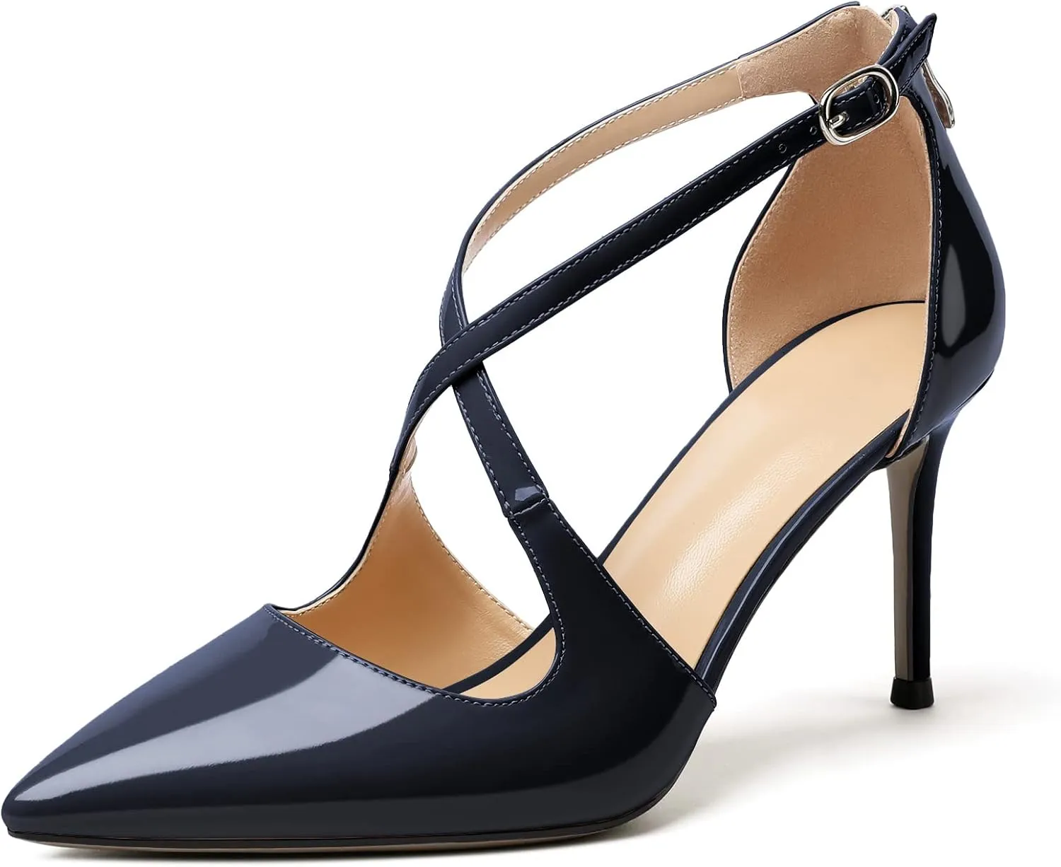 SAMMITOP Women's Pointed toe Cross Strappy Heels Ankle Strap Buckle Pumps Classic High Heels 3.34" for Wedding Dress Party