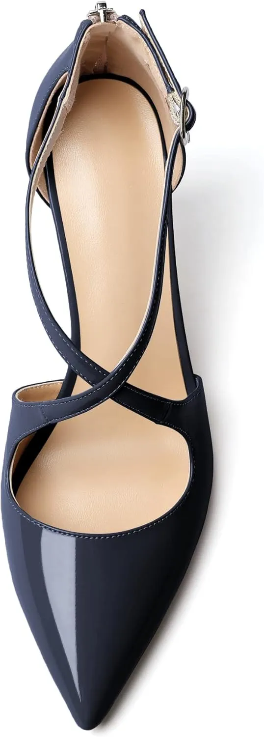 SAMMITOP Women's Pointed toe Cross Strappy Heels Ankle Strap Buckle Pumps Classic High Heels 3.34" for Wedding Dress Party