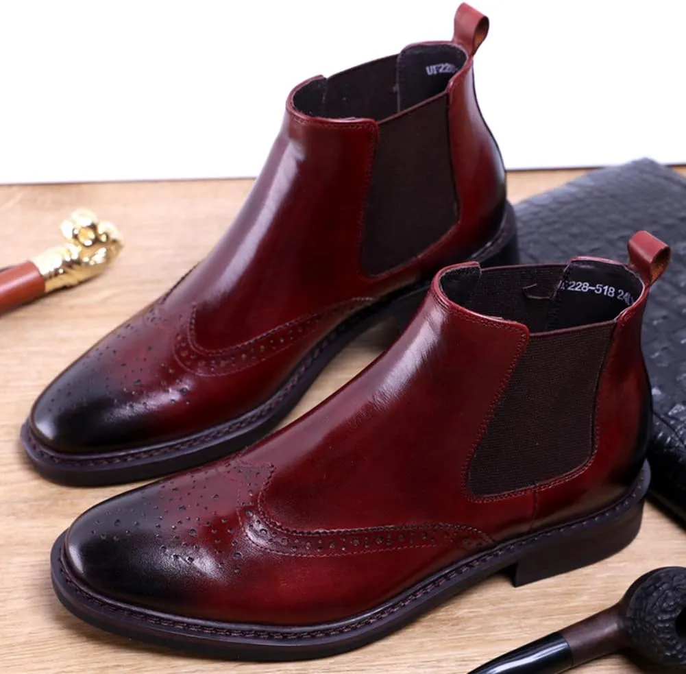 Santimon Men's Leather Brogue Wing Tip Chelsea Dress Ankle Boots Black Red