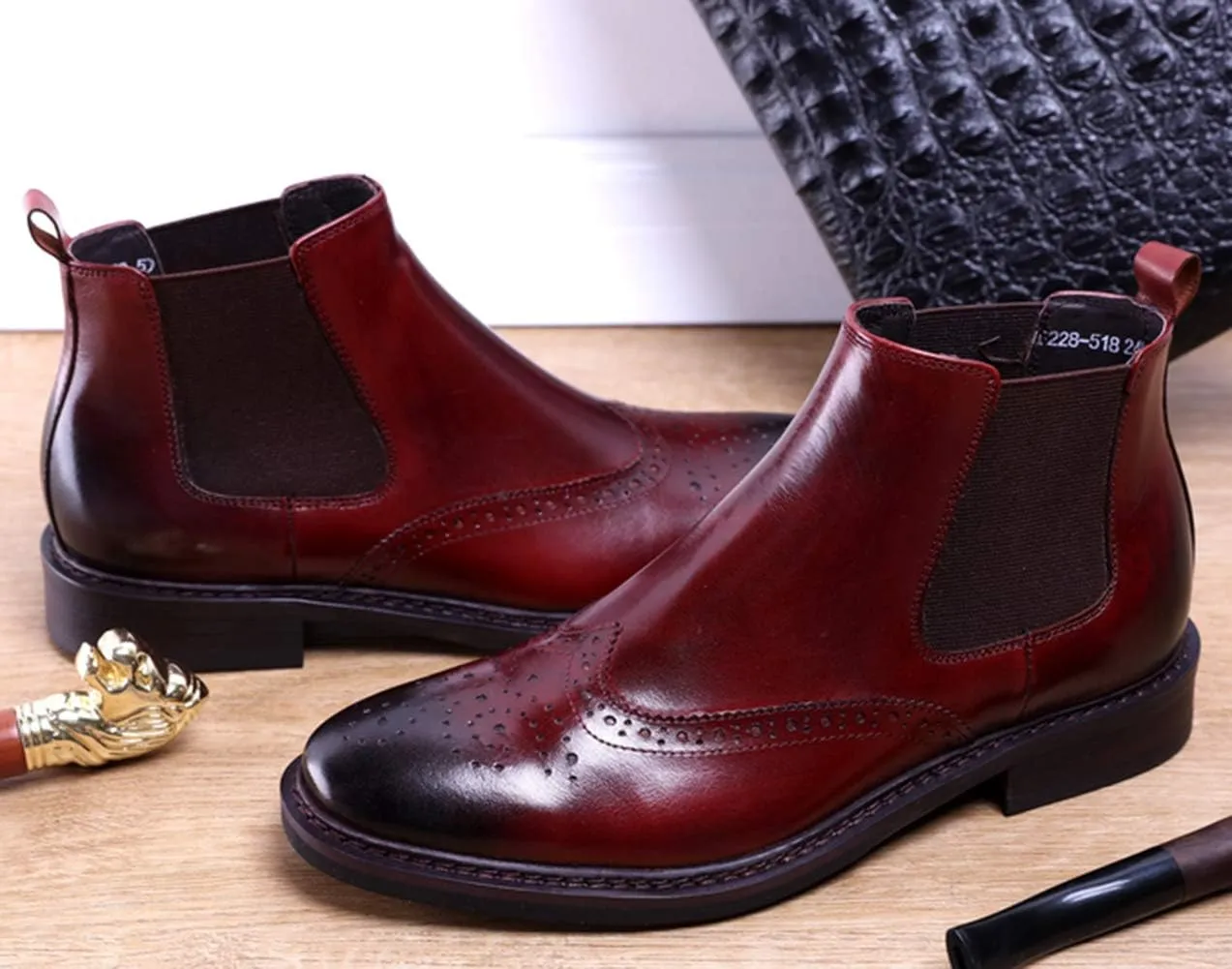 Santimon Men's Leather Brogue Wing Tip Chelsea Dress Ankle Boots Black Red