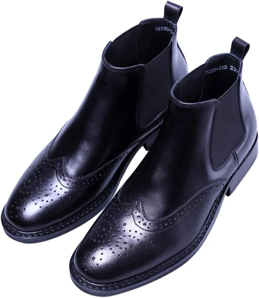 Santimon Men's Leather Brogue Wing Tip Chelsea Dress Ankle Boots Black Red