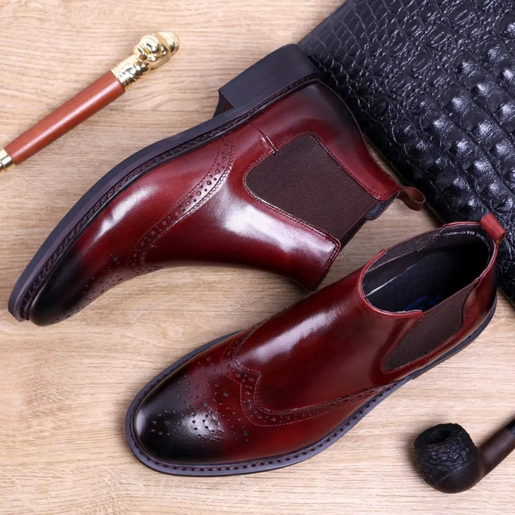 Santimon Men's Leather Brogue Wing Tip Chelsea Dress Ankle Boots Black Red