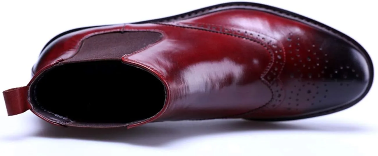 Santimon Men's Leather Brogue Wing Tip Chelsea Dress Ankle Boots Black Red