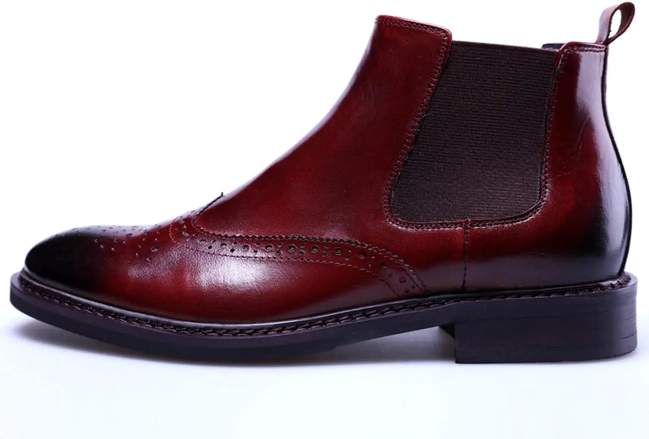 Santimon Men's Leather Brogue Wing Tip Chelsea Dress Ankle Boots Black Red
