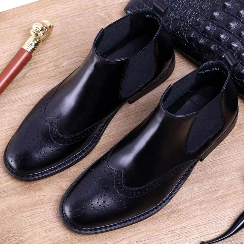 Santimon Men's Leather Brogue Wing Tip Chelsea Dress Ankle Boots Black Red