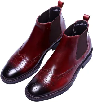 Santimon Men's Leather Brogue Wing Tip Chelsea Dress Ankle Boots Black Red