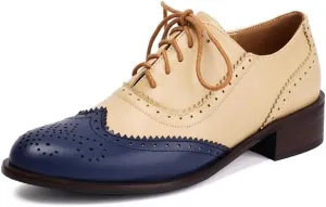Seborluys Lace-up Wingtips Oxford Shoes for Womens Vintage Multicolor Leather Chunky Heels Two Tone Perforated Saddle Pumps Shoe Low Heel Oxfords Brogues