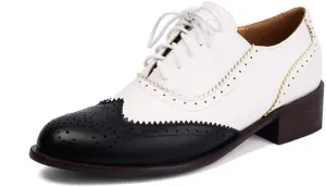 Seborluys Lace-up Wingtips Oxford Shoes for Womens Vintage Multicolor Leather Chunky Heels Two Tone Perforated Saddle Pumps Shoe Low Heel Oxfords Brogues