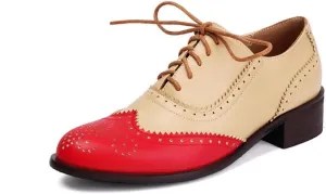 Seborluys Lace-up Wingtips Oxford Shoes for Womens Vintage Multicolor Leather Chunky Heels Two Tone Perforated Saddle Pumps Shoe Low Heel Oxfords Brogues