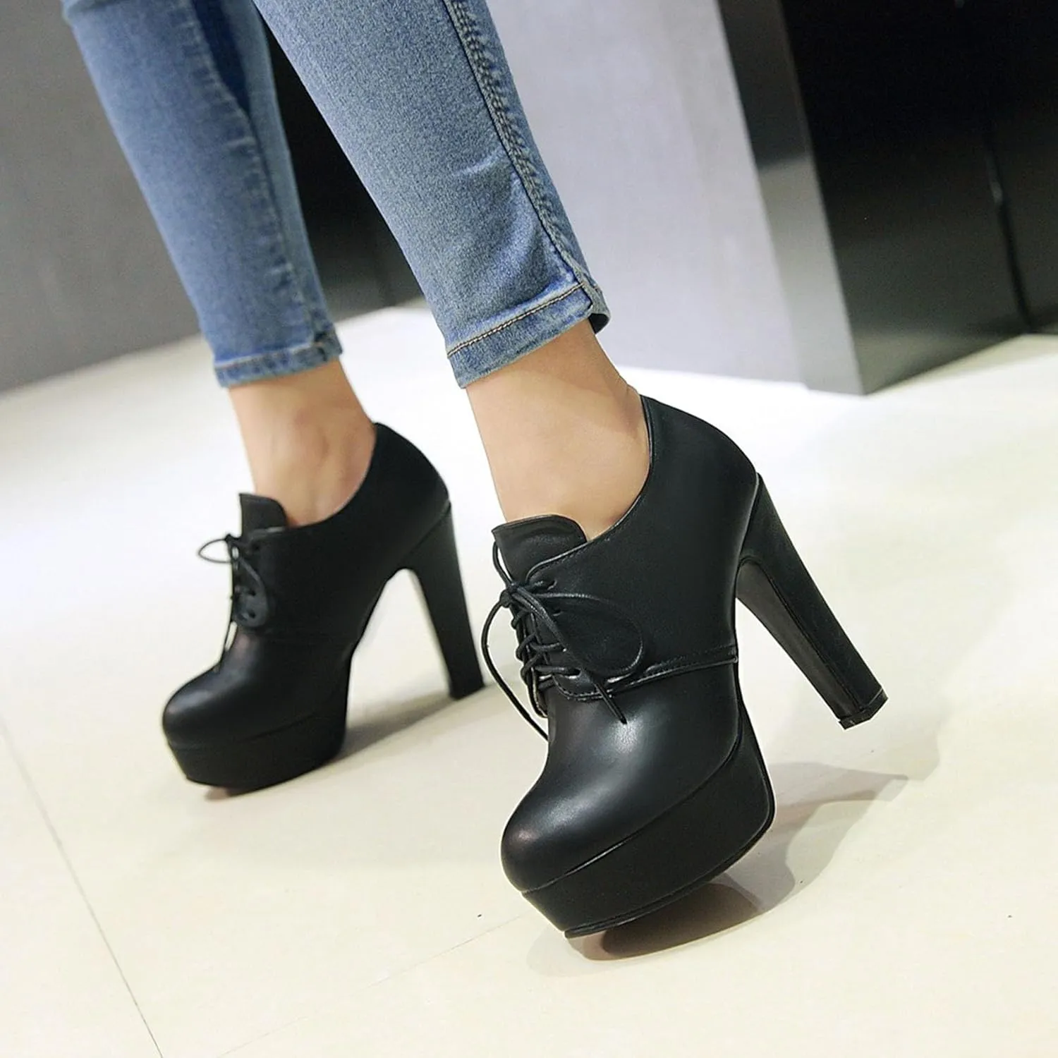 SHEMEE Womens Block Heel Platform Lace Up Pumps Oxford High Heels Ankle Booties Brogue Wingtip Vintage Dress Shoes