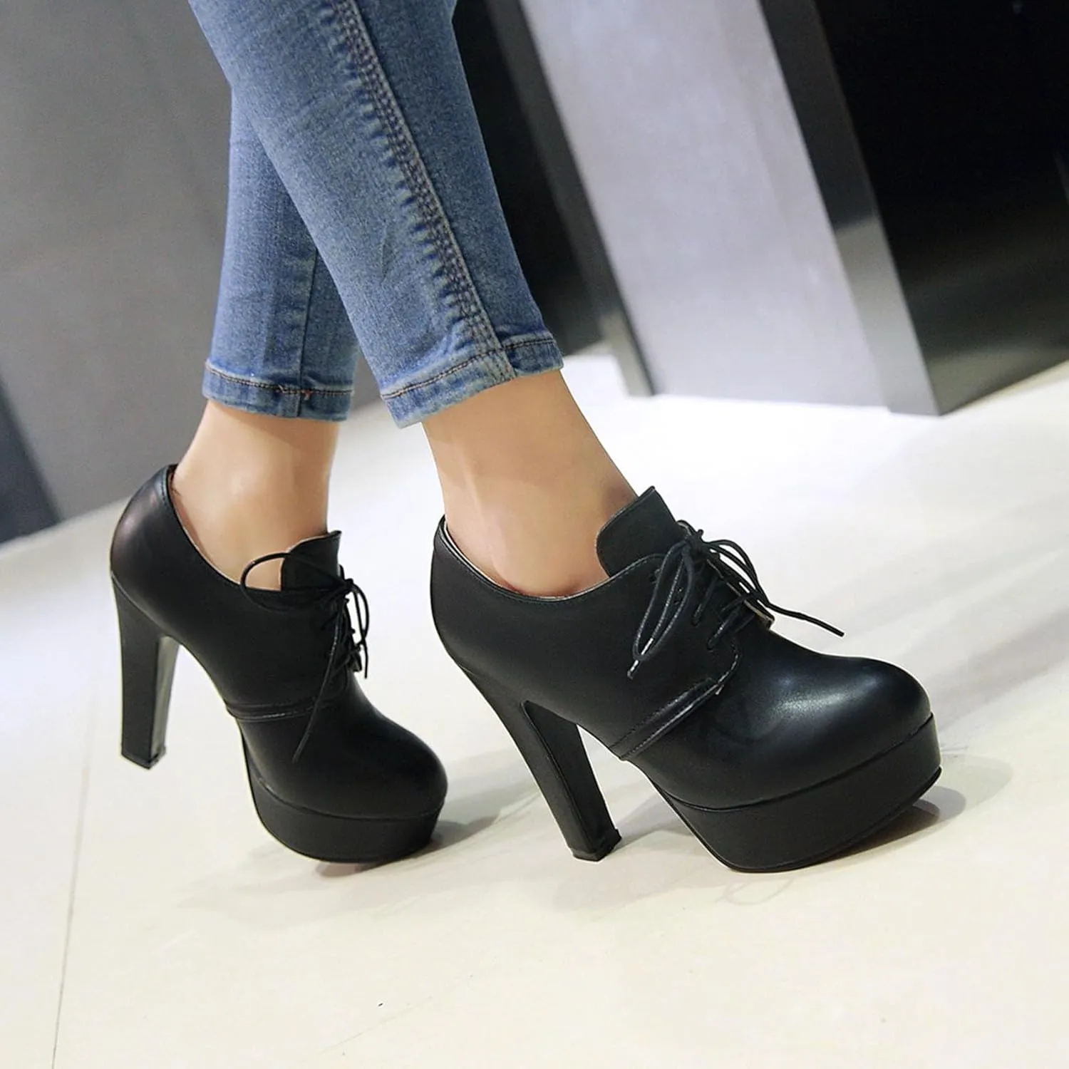 SHEMEE Womens Block Heel Platform Lace Up Pumps Oxford High Heels Ankle Booties Brogue Wingtip Vintage Dress Shoes