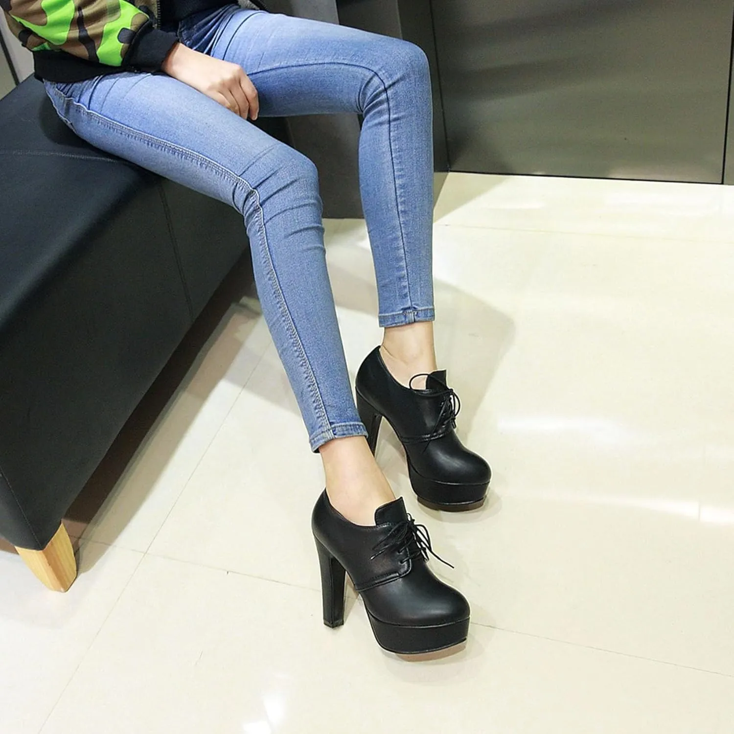 SHEMEE Womens Block Heel Platform Lace Up Pumps Oxford High Heels Ankle Booties Brogue Wingtip Vintage Dress Shoes