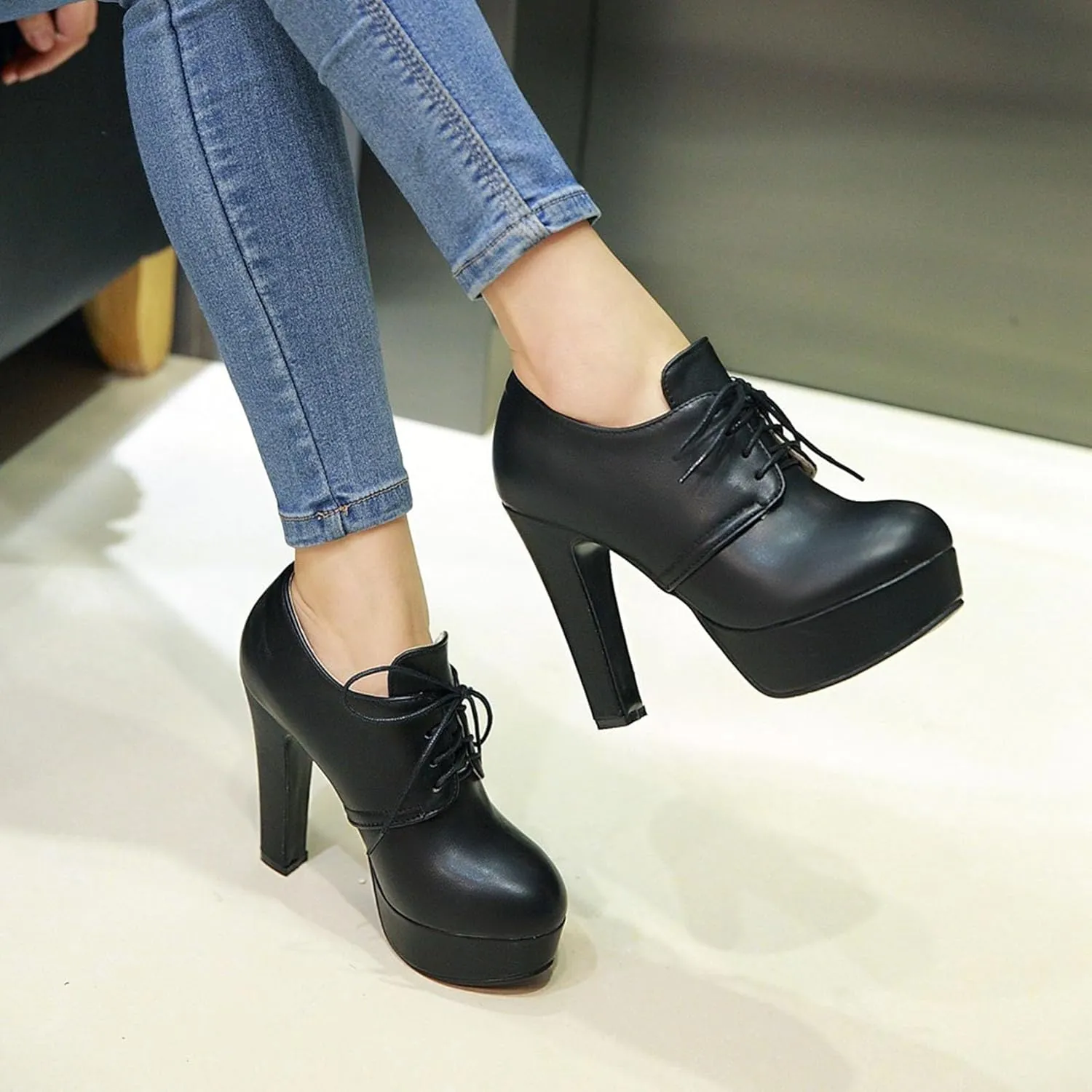 SHEMEE Womens Block Heel Platform Lace Up Pumps Oxford High Heels Ankle Booties Brogue Wingtip Vintage Dress Shoes