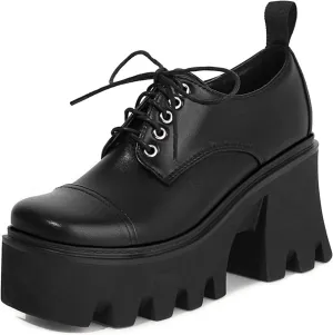 SHEMEE Women's Vintage Wingtip Oxfords Pumps Chunky Platform Block High Heel Round Toe Lace Up Gothic Brogue Shoes