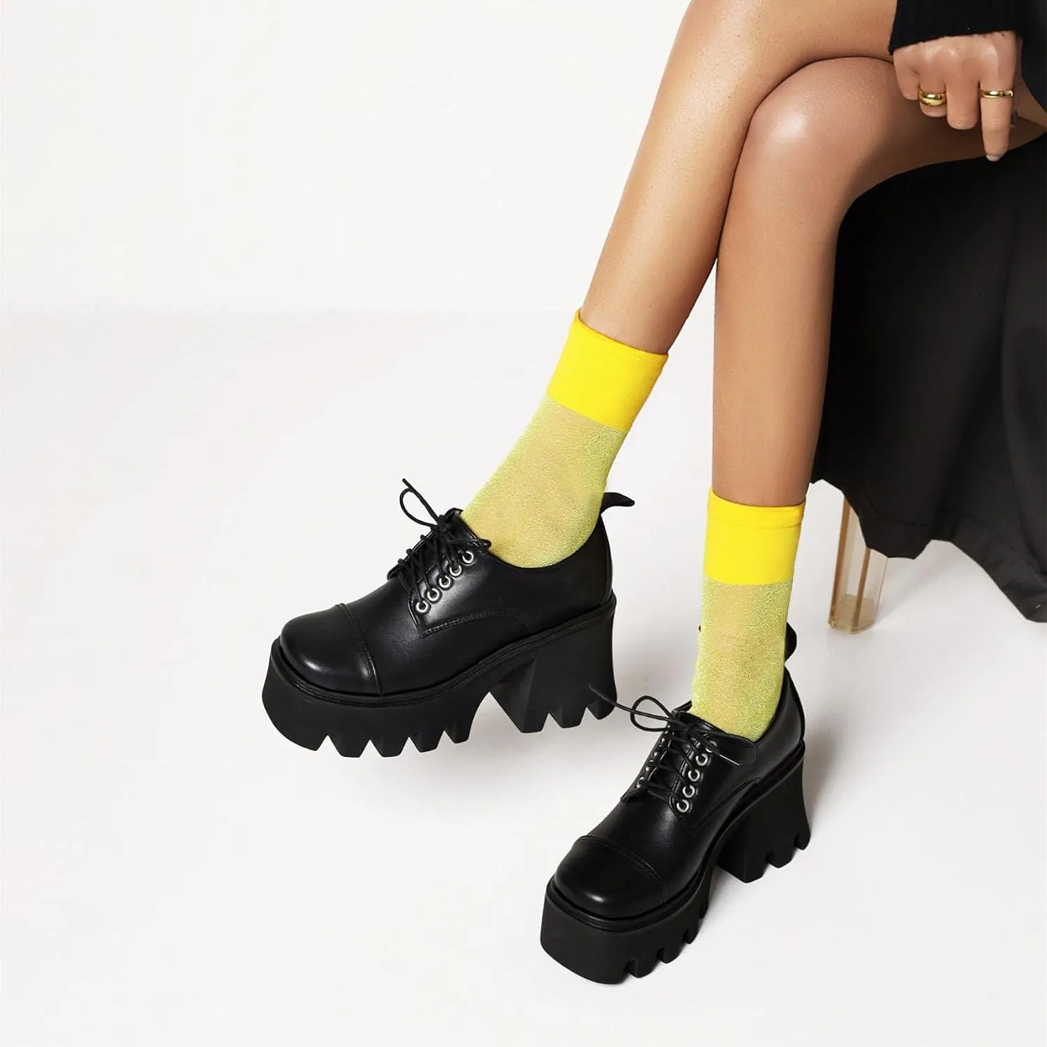 SHEMEE Women's Vintage Wingtip Oxfords Pumps Chunky Platform Block High Heel Round Toe Lace Up Gothic Brogue Shoes