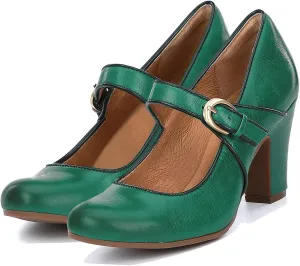 SHODENSE Women Vintage Chunky High Heel Mary Jane Shoes Round Closed Toe Ankle Strap Dress Sandals 3" Block Heels Mary Jane Lolita Pumps Two-Toned Patchwork Buckle Office Lady Wedding Retro 4-11 M US