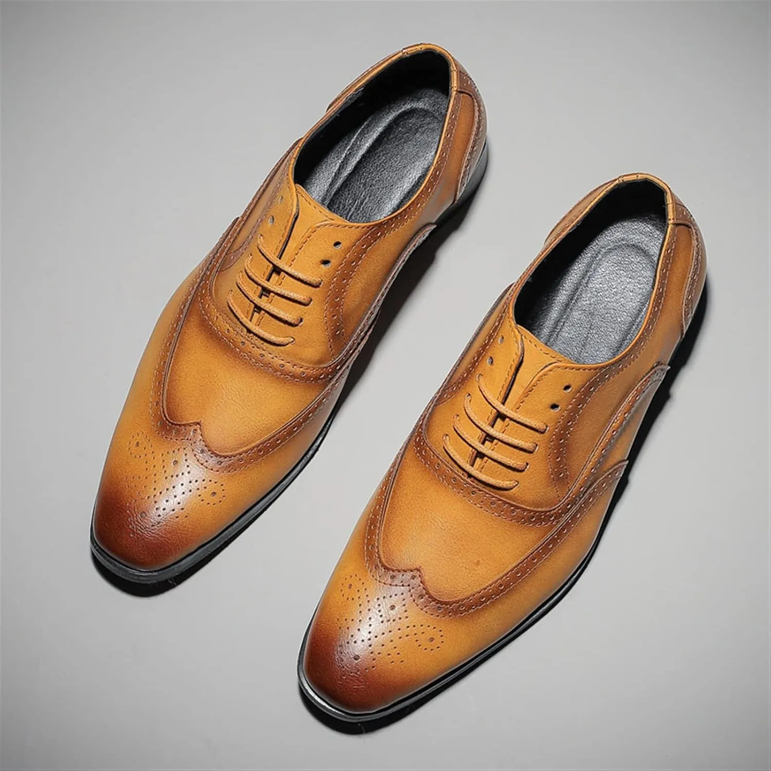 Single Season Dress Oxford Shoes for Men Lace Up Brogue Embossed Burnished Wing Tip Vegan Leather Rubber Sole Anti-Slip Non Slip Resistant Business Very Popular Among Young People