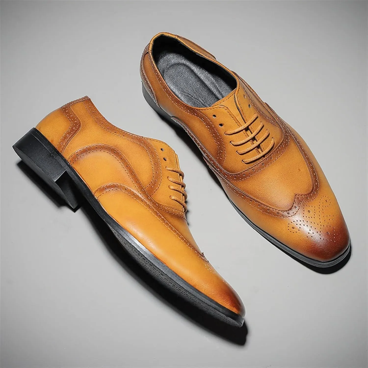 Single Season Dress Oxford Shoes for Men Lace Up Brogue Embossed Burnished Wing Tip Vegan Leather Rubber Sole Anti-Slip Non Slip Resistant Business Very Popular Among Young People