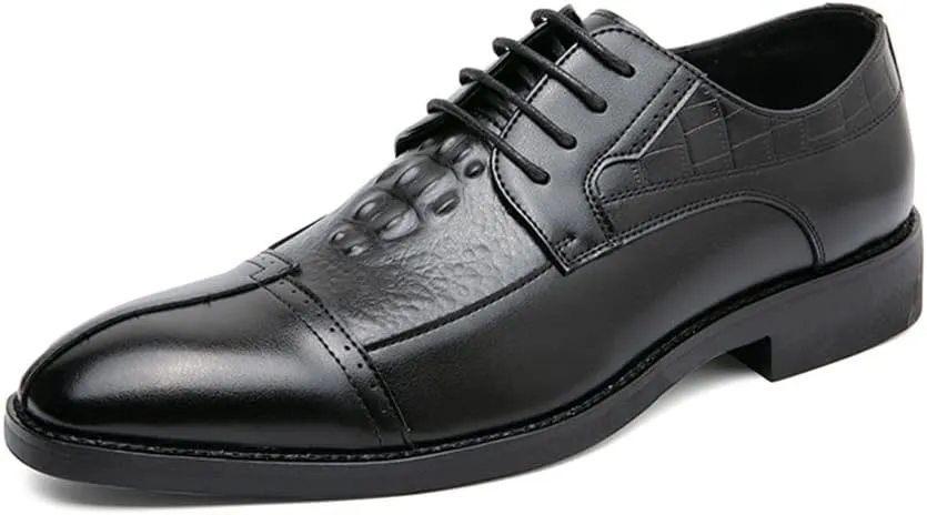 Single Season Oxford Formal Shoes for Men Lace Up Cap Toe Split Toe Crocodile Print Burnished Toe Anti-Slip Rubber Sole Non Slip Block Heel Wedding Very Popular Among Young People (Color Black
