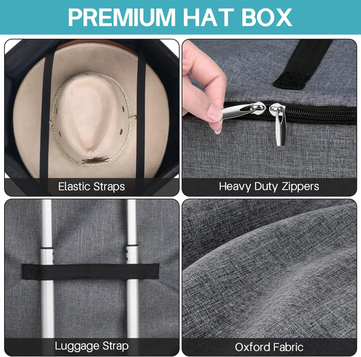 SLEEPING LAMB Hat Box for Travel and Storage, Collapsible Cowboy Cap Organizer Case for Closet with Handles, Hat Box for Women Storage and Large Cap Bag for Men Carry, Grey