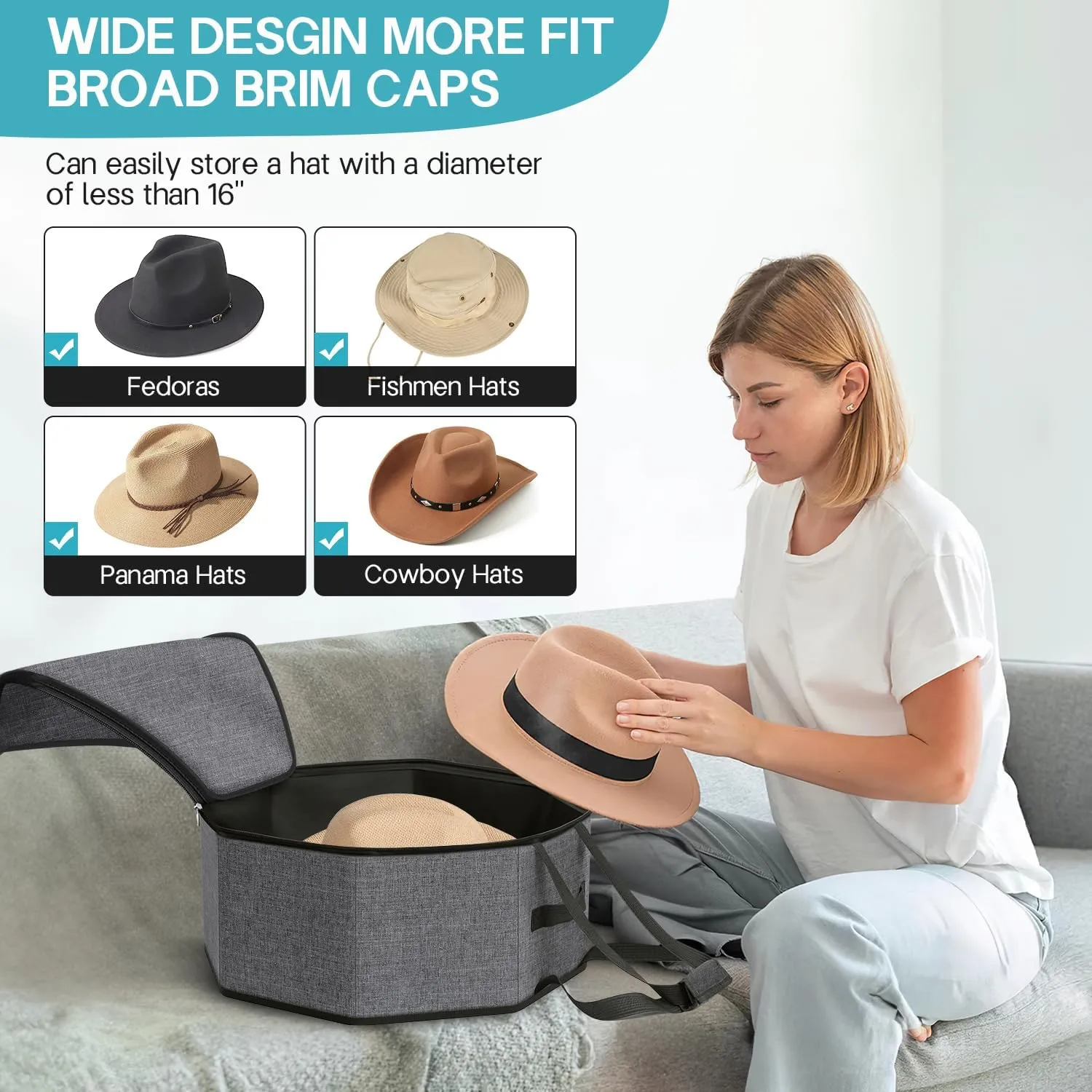 SLEEPING LAMB Hat Box for Travel and Storage, Collapsible Cowboy Cap Organizer Case for Closet with Handles, Hat Box for Women Storage and Large Cap Bag for Men Carry, Grey