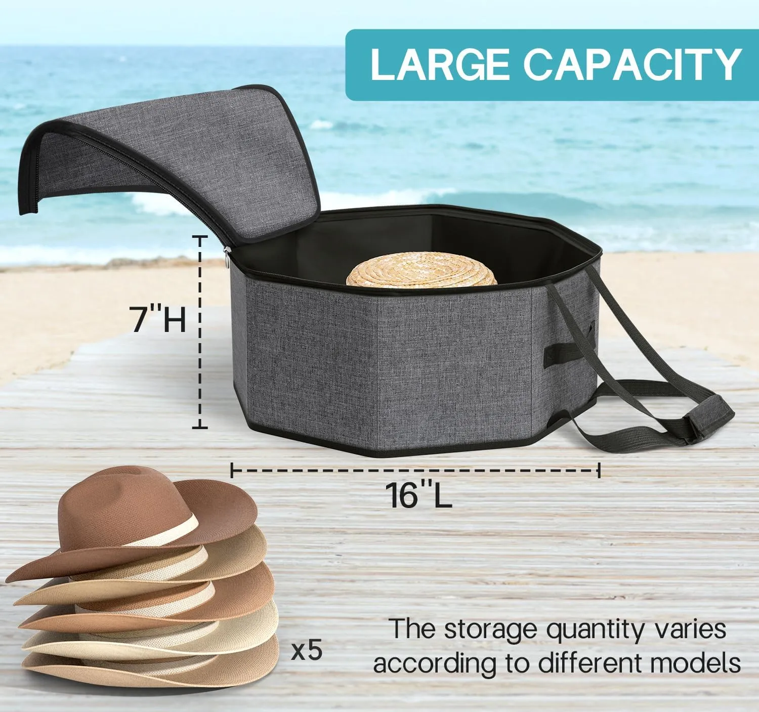 SLEEPING LAMB Hat Box for Travel and Storage, Collapsible Cowboy Cap Organizer Case for Closet with Handles, Hat Box for Women Storage and Large Cap Bag for Men Carry, Grey