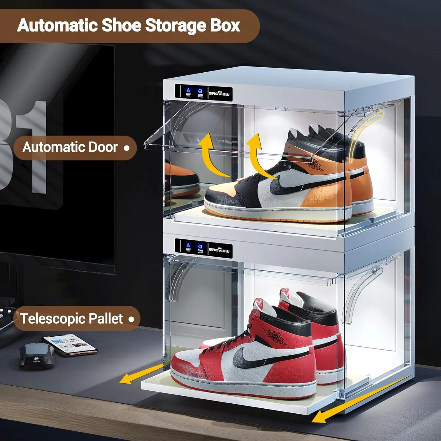 Smart Shoe Display Box with Led Lights, Clear Plastic Stackable Shoe Storage Box, Auto-Opening Shoe Organizer Sneaker Case, Remote Control LED Shoe Boxes, Collection Crate, 8 Pack White