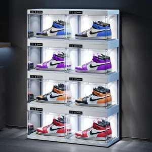Smart Shoe Display Box with Led Lights, Clear Plastic Stackable Shoe Storage Box, Auto-Opening Shoe Organizer Sneaker Case, Remote Control LED Shoe Boxes, Collection Crate, 8 Pack White