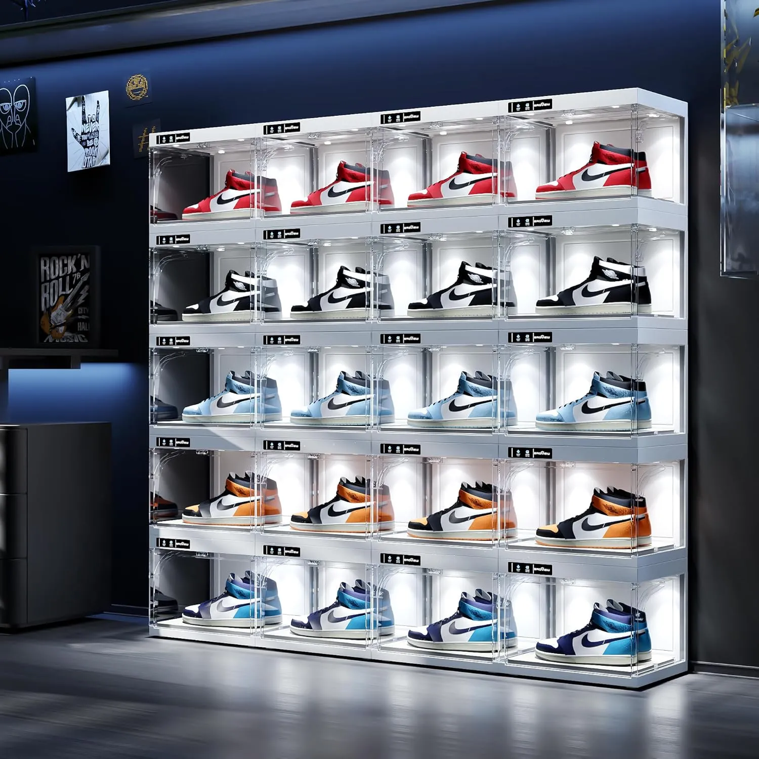 Smart Shoe Display Box with Led Lights, Clear Plastic Stackable Shoe Storage Box, Auto-Opening Shoe Organizer Sneaker Case, Remote Control LED Shoe Boxes, Collection Crate, 8 Pack White