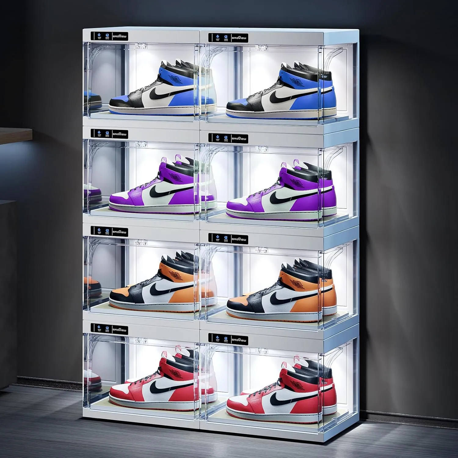 Smart Shoe Display Box with Led Lights, Clear Plastic Stackable Shoe Storage Box, Auto-Opening Shoe Organizer Sneaker Case, Remote Control LED Shoe Boxes, Collection Crate, 8 Pack White