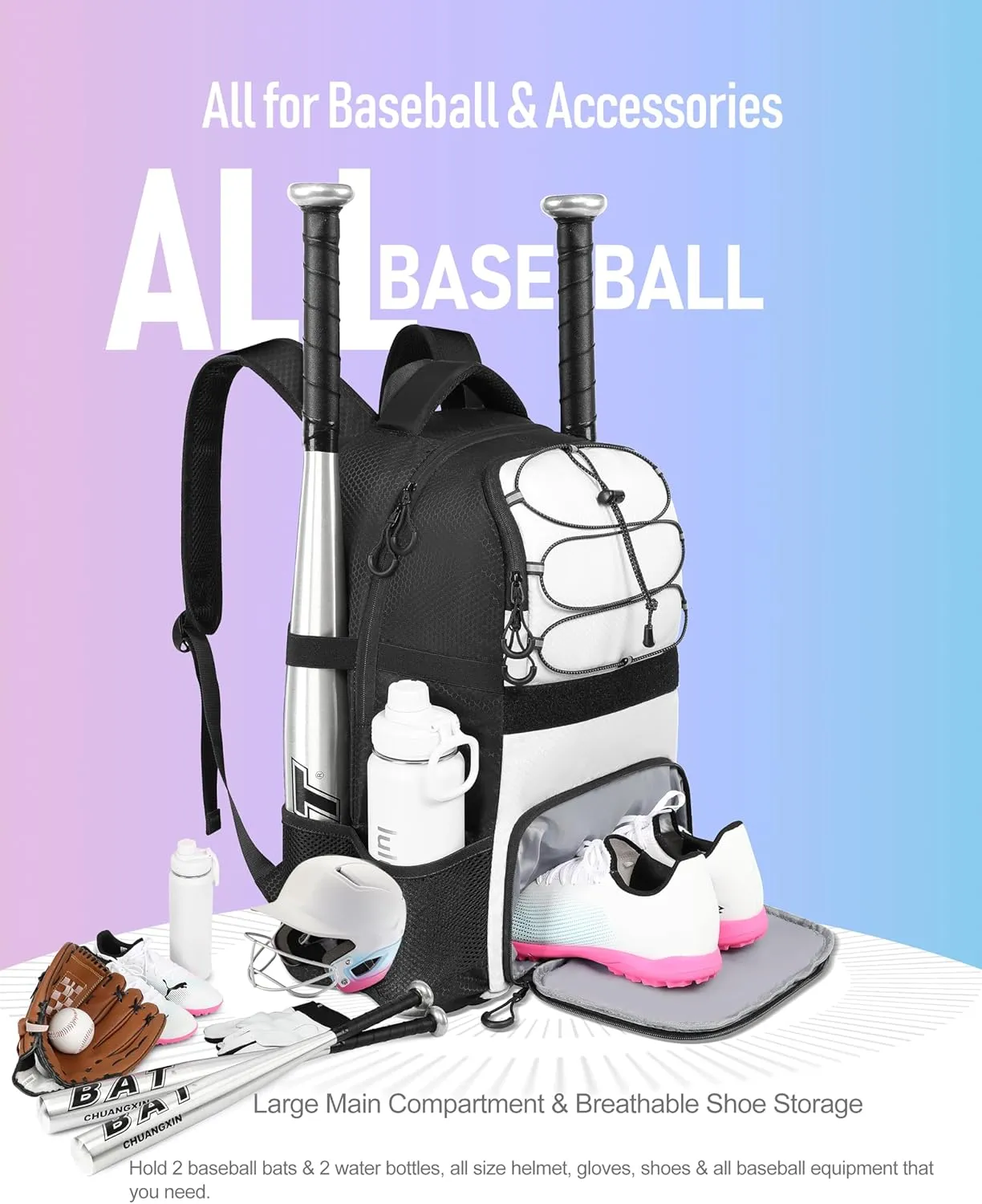Softball Bag, Lightweight Baseball Backpack with Shoes Compartment, Baseball Bat Bags with Fence Hook for TBall Bat & Equipment, for Batting Mitten, Helmet, for Girls, Boys, Youth, Adults
