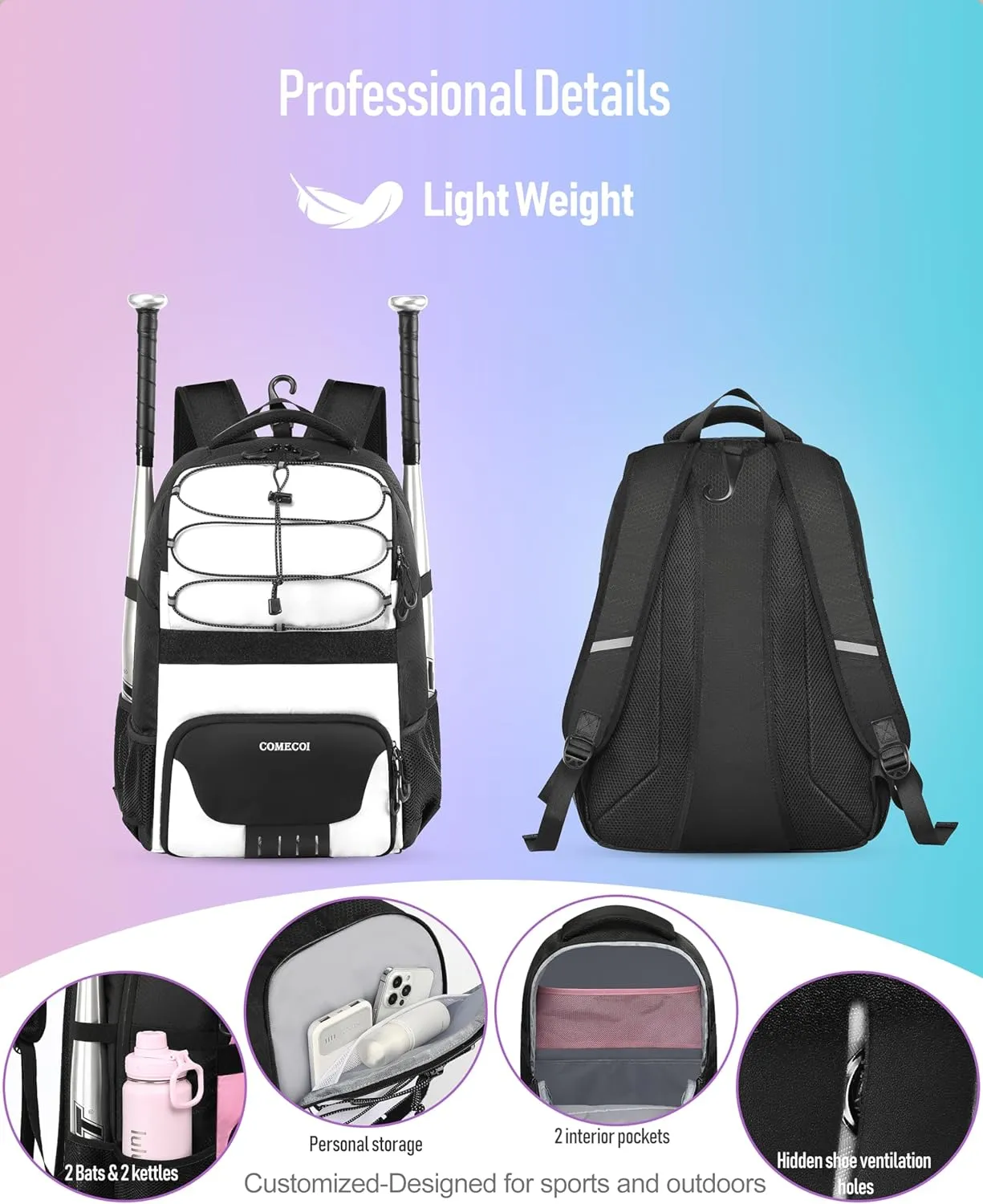 Softball Bag, Lightweight Baseball Backpack with Shoes Compartment, Baseball Bat Bags with Fence Hook for TBall Bat & Equipment, for Batting Mitten, Helmet, for Girls, Boys, Youth, Adults